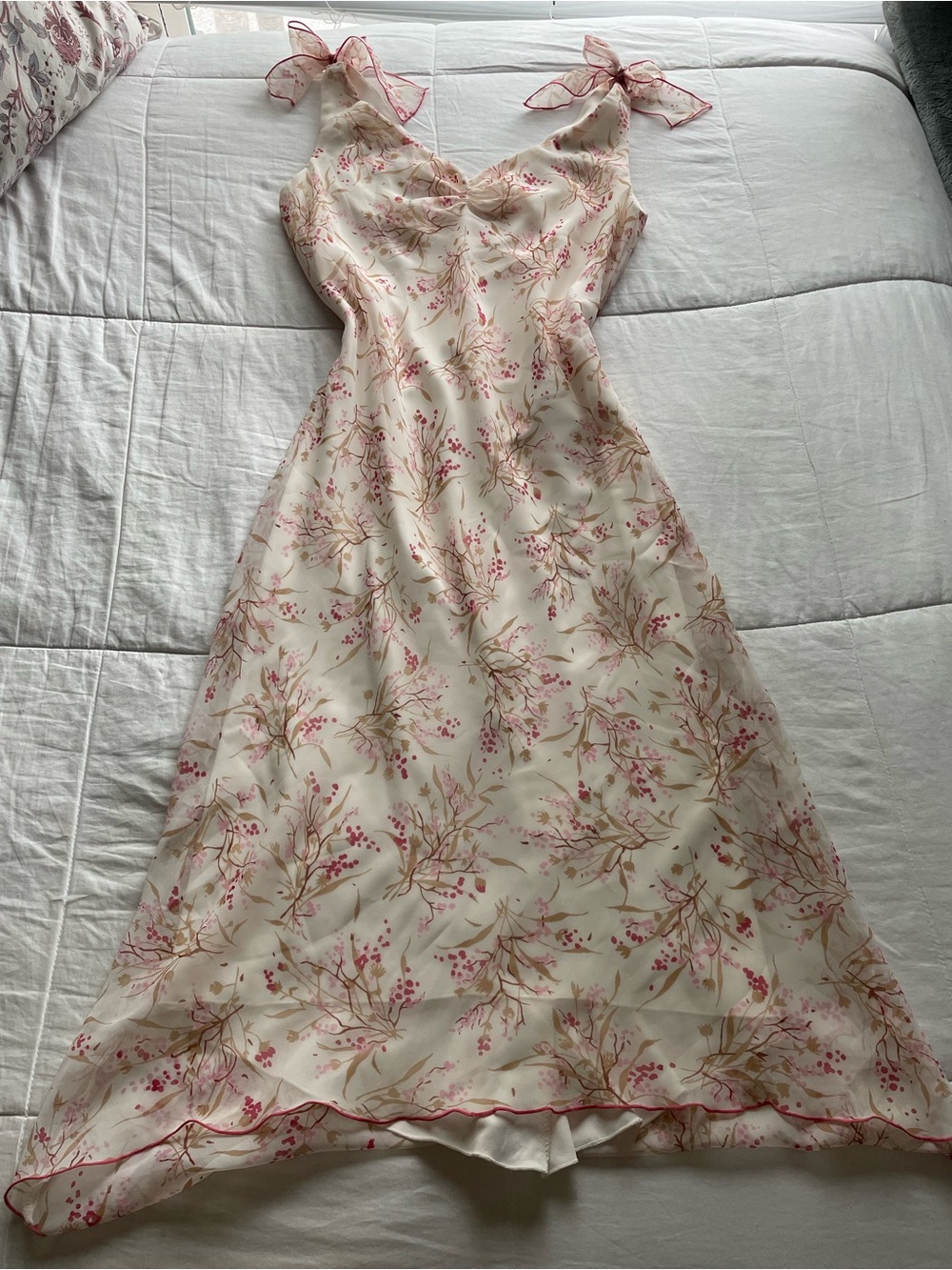Y2K Cream Pink Floral Chiffon Tie Strap Maxi Dress 8 Fairycore Whimsical Boho